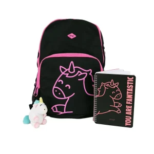 Kit de mochila + libreta A5 + llavero de peluche - Unicornio negro y fucsia
