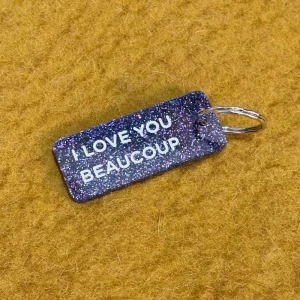 Porte-clés pailleté ‘I love you beaucoup’ Violet galaxy | PLUS DE LOVE
